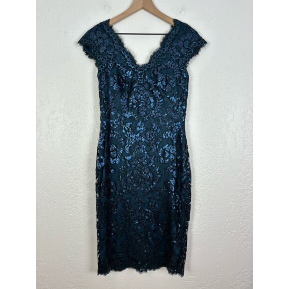 Tadashi Shoji Blue Paillette Embroidered Lace V-Neck Cap Sleeve Dress Size 6 - Picture 3 of 8